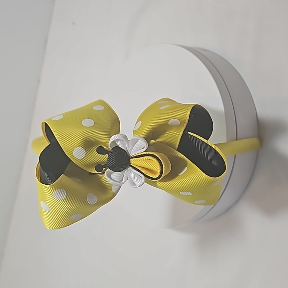 Hand Crafted Handmade Bow Hairband Yellow white polka-dot black contrast ribbon - Picture 10 of 17